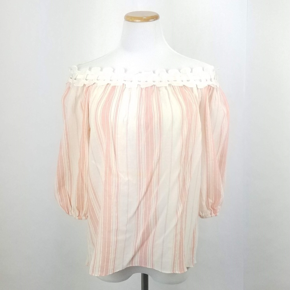 Max Studio Pink Cream Striped Off Shoulder Top